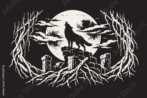 Wolf howling at a full moon on a cliff, a powerful black and white vector illustration in an engraved style showcasing mysterious woodland wildlife scenery.