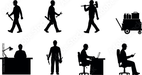 Construction and maintenance worker silhouettes set with tools, engineer at desk, technician with laptop and cart equipment vector illustration isolated on white background