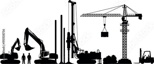 Construction machinery silhouette set with excavator, drilling rig, tower crane and forklift, heavy equipment vehicles vector illustration isolated