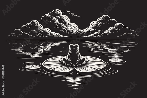 Solitary frog sitting on a lily pad in a calm pond, a serene black and white vector illustration with detailed scratchboard textures and tranquil atmosphere.
