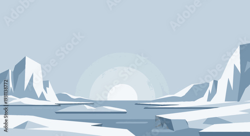 Iceberg Landscape with Mountains and Water.