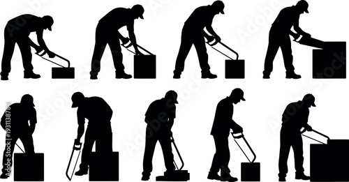 Construction worker lifting and moving heavy blocks silhouette sequence, manual handling process with hand truck vector illustration isolated