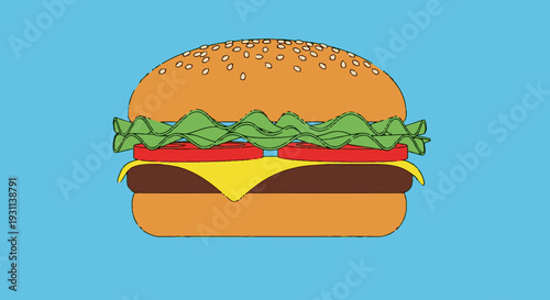 Illustration of Cheeseburger with Lettuce and Tomato.