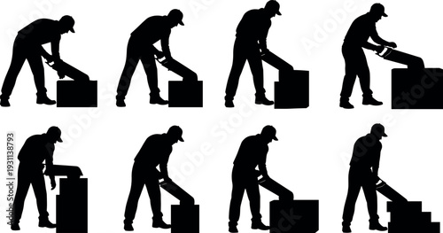 Construction worker cutting blocks with electric saw silhouette sequence, manual labor process steps vector illustration isolated on white background