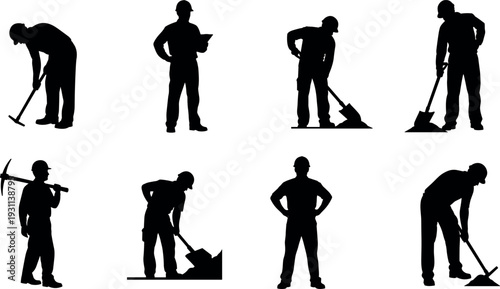 Construction worker silhouettes digging with shovel and pickaxe, manual labor and building industry vector set isolated