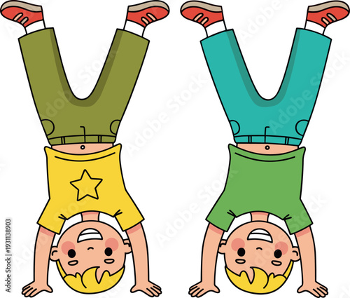 Cute cartoon boy doing handstand pose set, playful child character vector illustration isolated on white background for kids fitness and gymnastics design