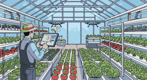 Farmer Inspecting Plants in Greenhouse Nursery.