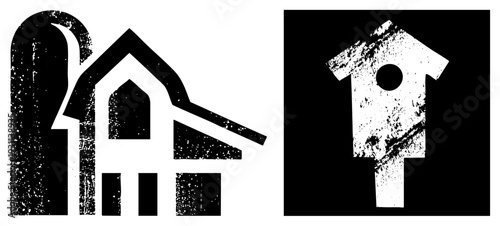 Abstract home and birdhouse graphic, vector design, rustic texture effect, minimalist architecture symbols, isolated foreground elements.