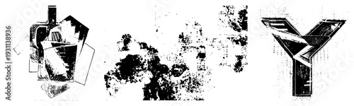 Fragmented polygonal shapes rendered in halftone, stylized graphic elements, isolated vector composition, modern art abstraction, black and white design.