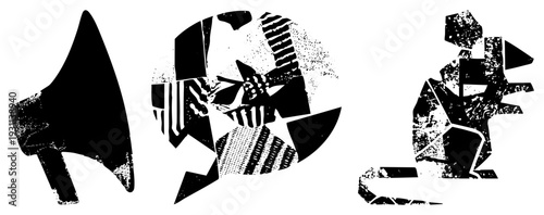 Stylized animal shapes rendered in bold black forms with halftone and stippled textures, abstract vector art, graphic design elements, isolated animal motifs.