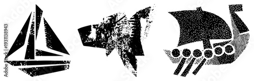 Grunge style vector of sailboat, wolf head, and Viking ship,, textured, isolated graphic elements for design.