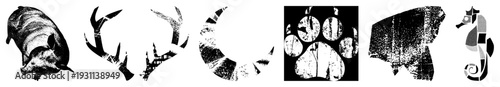 Graphic vector illustrations of pig, deer antlers, moon, paw print, bear, seahorse all with distressed textures and high contrast black and white design.