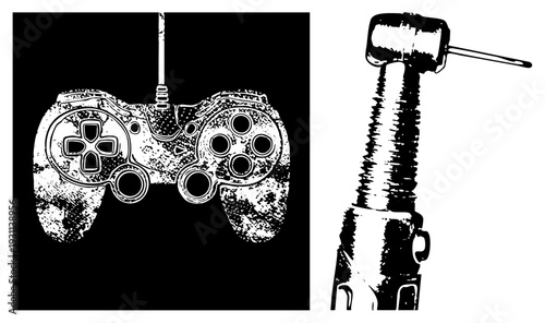 Retro gaming controller with analog sticks and buttons, alongside classic claw hammer with textured grip, both in gritty halftone style.