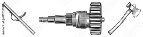 Detailed mechanical gear shaft with cogwheel, hand plane tool, and head, rendered in technical art, ideal for engineering or workshop visuals.