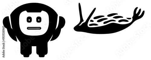 Stylized cartoon character with simple facial features, paired with abstract sea slug design, both in bold silhouette, flat vector art, isolated foreground elements.