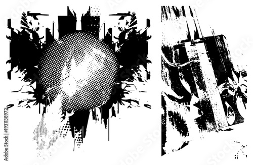 Vector graphic of a halftone sphere through gritty city buildings, urban decay texture, stencil graffiti effect, black and white pop art, comic book aesthetic.