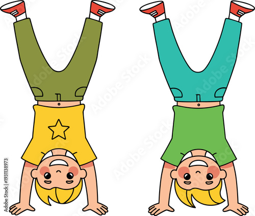 Cute cartoon boy doing handstand pose, playful child character vector illustration isolated on white background for kids fitness, gymnastics and nursery design