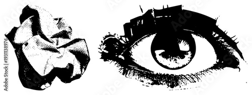 Crumpled paper texture beside detailed human eye, halftone shading, graphic illustration, black and white, vector design, visual metaphor, gaze, perception.