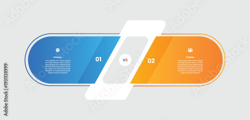 2 points comparison versus infographic with gradient style with round rectangle box with skew tilt orientation with 2 elements stages