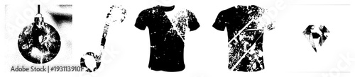Distressed black and white vector festive ornament, musical pick, t shirts with splatter, geometric diamond logo all isolated with halftone texture and gritty aesthetic.