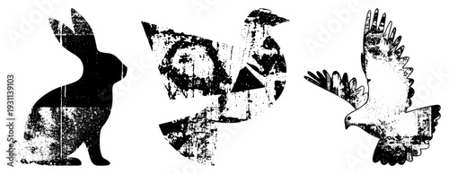 Vintage distressed animal shapes rabbit,, eagle high contrast black, grainy texture. Ideal for graphic design/print. Also stylized fauna cutouts or wildlife glyphs.