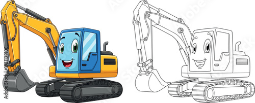 Cute cartoon excavator construction vehicle with smiling character and outline version kids coloring page heavy machinery illustration isolated vector set