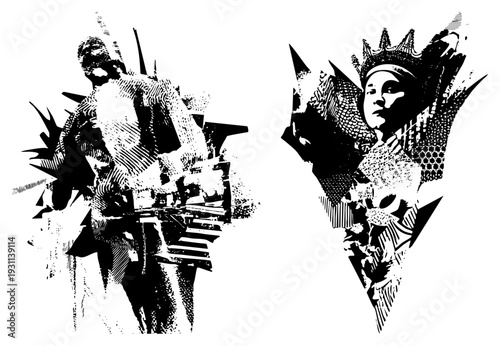 Stylized portraits using halftone textures and sharp geometric, graphic design elements, pop art influence, vector illustration, isolated figures.