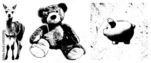Retro styled halftone illustrations of alpaca, teddy bear, and piggy bank, classic graphic design, nostalgic collectibles, art.