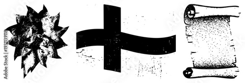 Retro halftone vector starburst,, scroll stylized with grainy texture. Graphic elements for design, branding, or UI. Classic black and white vector art with distressed effect.