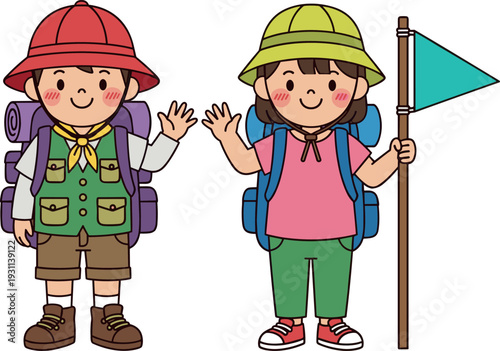 Cute cartoon kids scouts with backpacks hats and camping gear waving and holding flag cheerful children hiking adventure illustration isolated vector for education