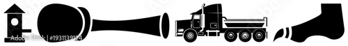 Vector silhouette birdhouse, megaphone, dump truck, foot minimalist flat design, isolated symbols, graphic elements for UI or signage.