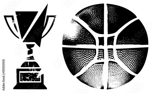 Sports victory symbol, championship trophy graphic, athletic award emblem, basketball hoop, competitive achievement mark, stylized sports trophy, halftone sphere.
