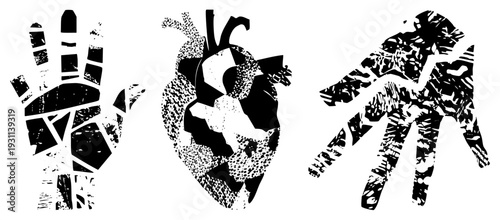 Graphic vector art of handprints and heart, abstract design, black and white, distressed texture, symbolic illustration, medical or emotional theme.