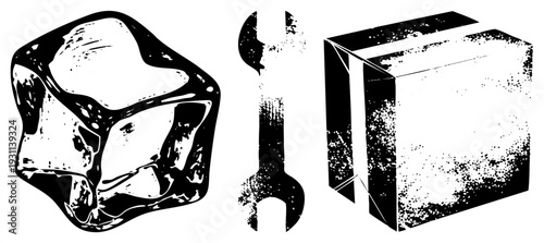 Black and white vector illustration of ice cube, wrench, and cardboard box, halftone texture, isolated graphic elements, stylized shapes, technical symbols, design assets.