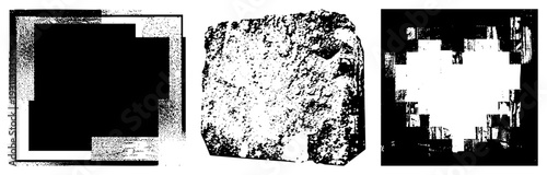 Three distinct halftone styled geometric forms nested squares, rough stone like texture, pixelated. Vector graphic with isolated foreground, no background.