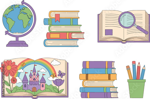 Education icons collection with globe books open book magnifier pencils and fairy tale illustration learning school study vector set isolated