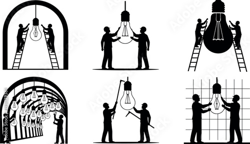 Electricians installing light bulbs silhouette set, workers on ladders maintaining lighting system, industrial maintenance concept vector illustration isolated