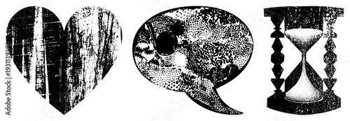 Retro textured heart symbol, painter’s palette with brush, hourglass timepiece all in distressed halftone style. Perfect for design projects needing artistic, worn aesthetic.