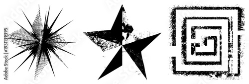 Bold graphic symbols including starburst, five pointed star, and nested spiral, rendered with halftone dot and distressed texture. Vector art for branding or design elements.