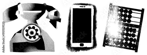 Retro rotary telephone, modern smartphone, traditional abacus rendered in halftone style, vector, communication tools, tech evolution, black and white graphic design.