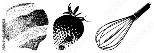 Black and white halftone style strawberry, whisk, cake slice. Kitchen tools and dessert elements. Culinary vector graphics with dot texture.