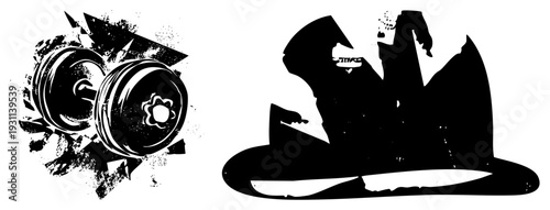 Weightlifting dumbbell with shattered geometric burst, gym silhouette with abstract motion, fitness, workout symbol, strength training graphic, vector art, athletic design.