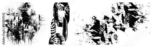 Distorted typographic elements with grunge textures, ink splatter effects, chaotic brush strokes, design, graphic art composition.