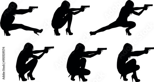 Female agent silhouette collection with pistol aiming poses secret spy action character stances armed woman vector illustration set isolated for security thriller design