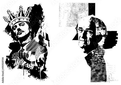 Monarch with crown and ornate attire, elder in profile, both rendered in stark halftone style, graphic vector portraits with textured shading and high contrast.