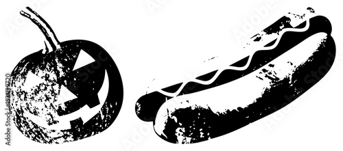 Spooky carved pumpkin with triangular eyes and grin, alongside a hot dog with zigzag mustard, both in distressed black and white vector art, perfect for Halloween or retro food graphics.