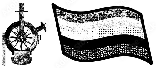 Nautical compass with starburst dial and flag with textured stripes, vintage engraved style, maritime navigation tools, historical symbols, black and white halftone vector art.