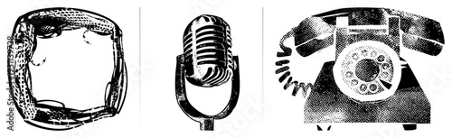 Classic microphone, old TV camera, rotary telephone, retro communication devices, analog tech, nostalgic electronics, broadcast equipment, vintage tools.