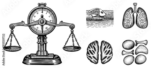 Antique balance scale measuring organs like lungs, brain, fish skeleton, and bones, anatomical illustration, medical education tool, black and white engraving style.