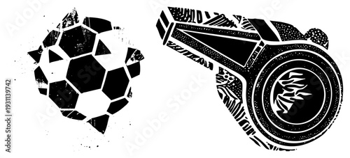 Graphic of a soccer ball and referee whistle with gritty texture, stylized design, sports equipment, vector art, athletic symbols, illustration.